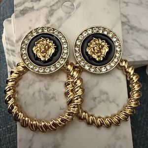 NEW Lion Head Black & Gold Tone Door Knocker Look Earrings bold